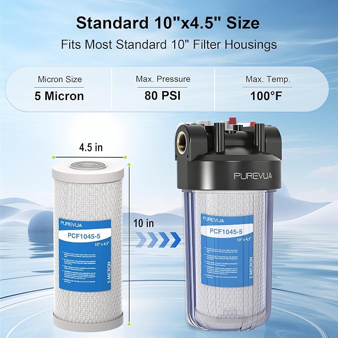5 Micron 10" x 4.5" Whole House CTO Coconut Shell Activated Carbon Water Filter Replacement Cartridge, Compatible with WFHDC8001, FXHTC, GXWH40L, GXWH35F, CB-BB-10, FC15B, CTO10BB, 2-Pack