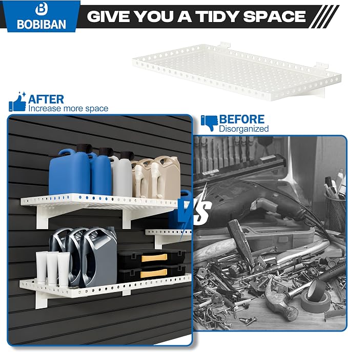 2 Pack Slatwall Shelves, Heavy Duty White Metal Slat Wall Shelf for Retail, Garage, Home Storage, 110 lbs Load Capacity, Universal Slatwall Accessories(14 x 24 Inch-2, White)