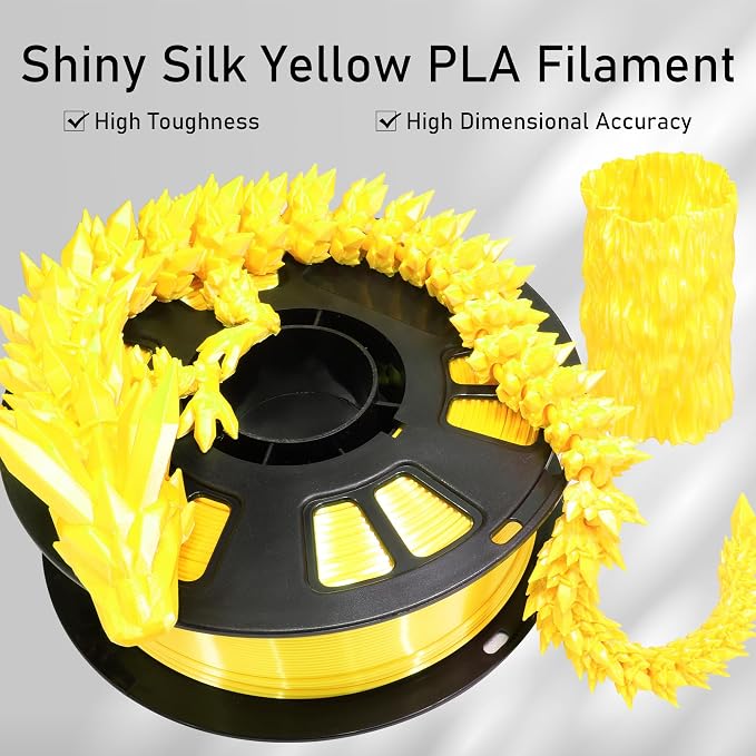 Silk Yellow PLA Satin Shiny 3D Printer Filament, 1.75mm Diameter 1kg Spool 2.2lbs for FDM 3D Printers