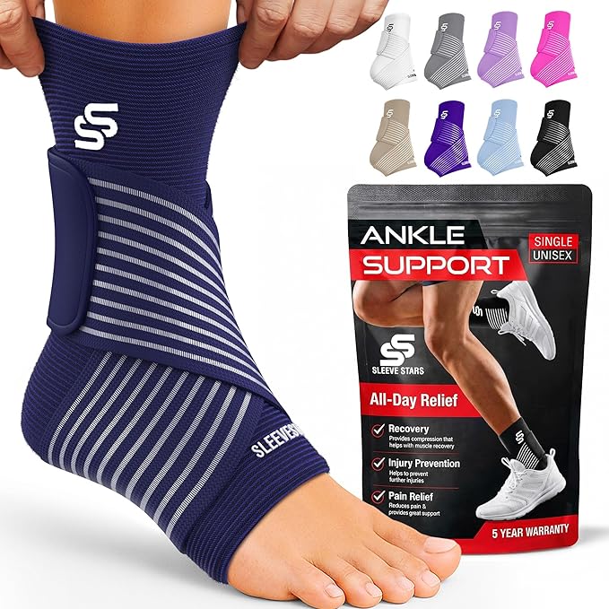 Sleeve Stars Ankle Brace for Women & Men, Ankle Wrap for Sprain, Compression Sleeve for Plantar Fasciitis Relief, Easy Customizable Support: w/ Removable Strap (Single/M:10"-12"/Navy Blue)