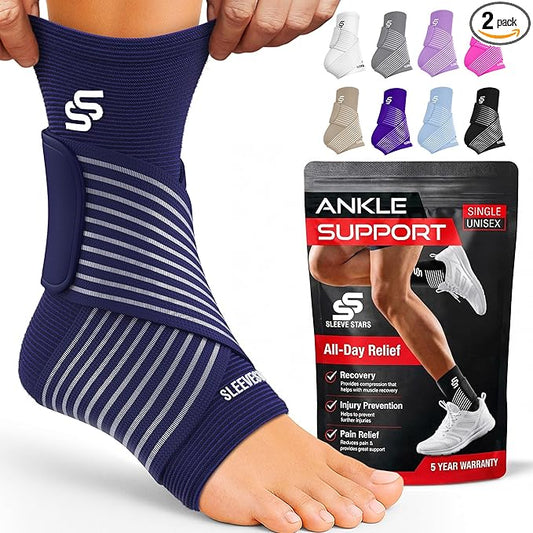Sleeve Stars Ankle Brace for Women & Men, Ankle Wrap for Sprained Ankle, Compression Sleeve for Plantar Fasciitis Relief, Easy Customizable Support: w/Removable Strap (Pair/M:10"-12"/Navy Blue)