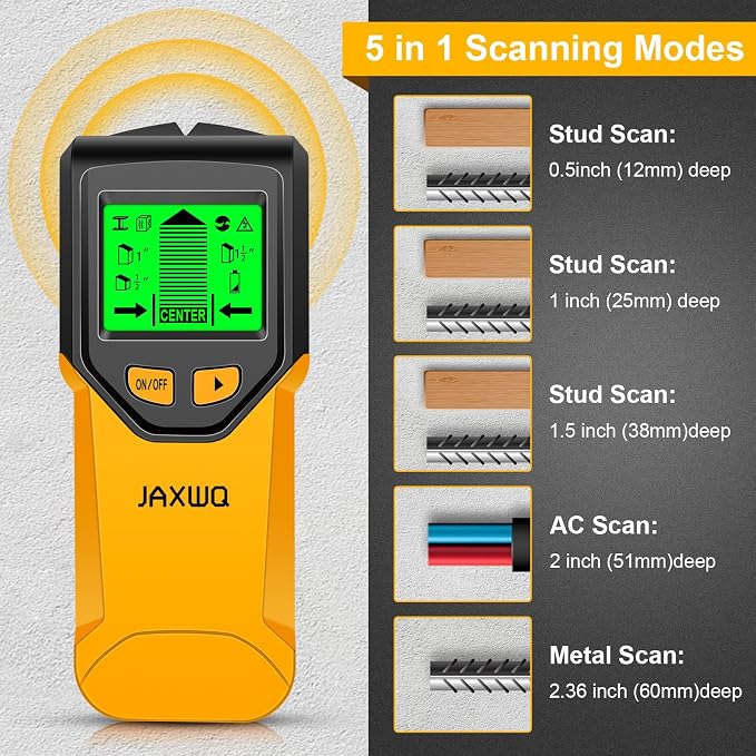 Stud Finder Wall Scanner - 5 in 1 Stud Finder Tool w/Smart Chip and HD LCD Display, Stud Detector Beam Finders for the Center and Edge of Wood AC Wire Metal Studs Joist Pipe (Yellow Feathers)