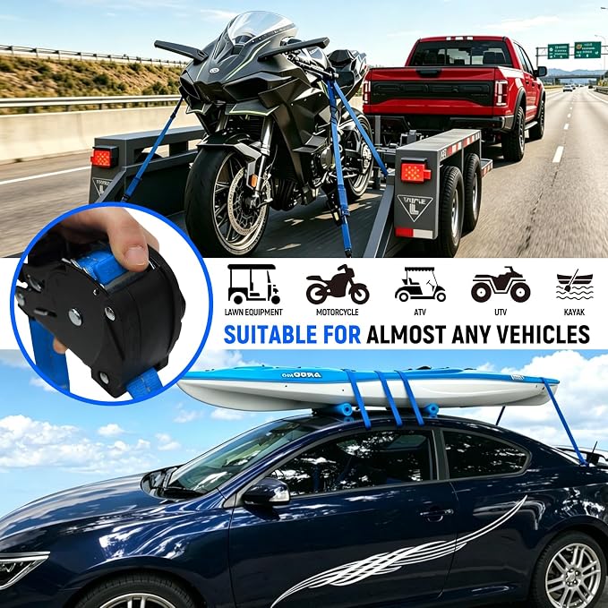 Retractable Ratchet Straps (Patented-4pack) - 1 inch x 10Feet (1,800lb Break Strength) Auto Self Retracting Tie Down Straps - Self Retractable Straps with Refletcive for Motorcyle, Truck or Cargo