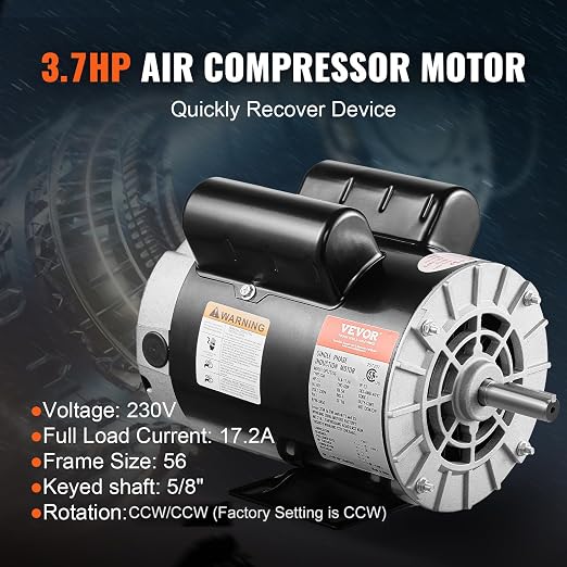 VEVOR 3.7HP Air Compressor Motor, 3450RPM Electric Motor, 230V 17.2 Amps, 5/8" Keyed Shaft 56 Frame, 1.88" Shaft Length, Single Phase, CCW/CW Rotation (Factory Setting is CCW)