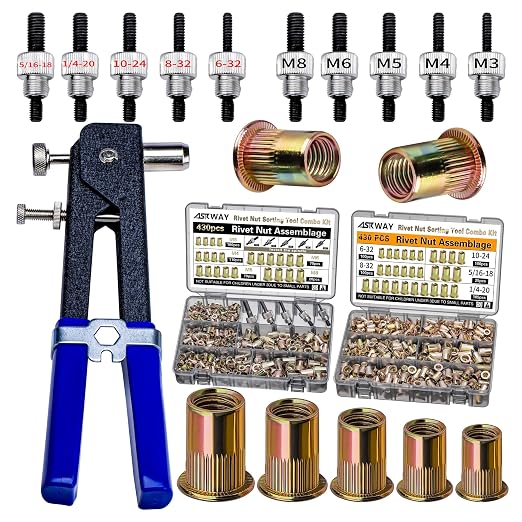 ASKWAY Rivet Nut Tool Set SAE & Metric 860 PCS SAE Pressure Rivet Nut Kit | 860pcs Carbon Steel Rivet Nut tool, SAE Rivet Nut (5/16-20, 1/4-20, 10-24, 8-32, 6-32), Metric Rivet Nut (M8, M6, M5, M4, M3)