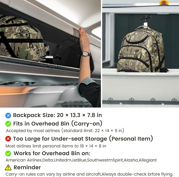 Boavan Rolling Backpack,17 inch Water Resistant Wheeled Backpack,Carry on Luggage Business Bag, Overnight College Computer Bag Trolley Suitcase for Men Women Adults to Travel
