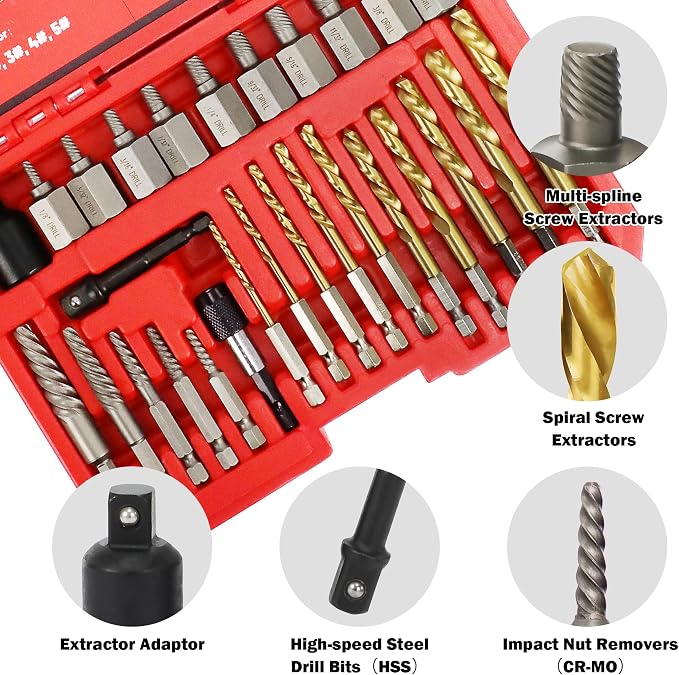 32Pcs Screw Extractor Set, Left Hand Drill Bit Set 6542/4341 HSS, Easy Out Bolt Extractor Set with Hex Adapter, Multi-Spline Stripped Bolt Remover for Broken Rusted Nuts Screws, Bolts, Studs