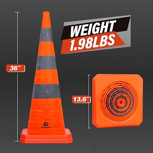 RoadHero 36 Inch 2 Pack Collapsible Traffic Safety Cones, Multi Purpose Pop-up Cones with Reflective Collar for Road Safety, Orange Cones for Driving Training, Parking Lots