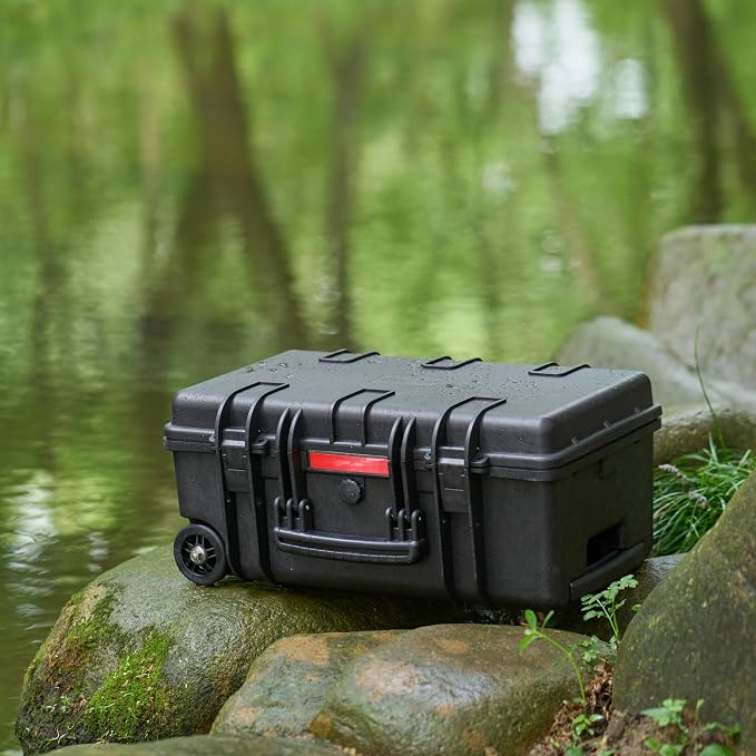 Amazon Basics Hard Protective Camera Case with Wheels, Large, Black, 22"L x 14"W x 9.8"H