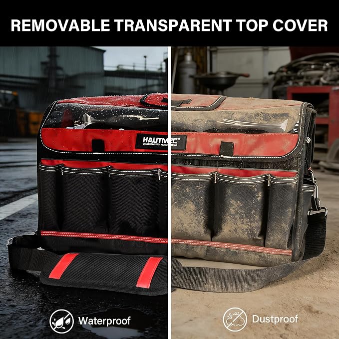 HAUTMEC 20" Heavy-Duty Tool Tote Bag with Waterproof Clear Cover, Open Top Large Tool Bag with Rotating Handle, Rigid Frame, Wear-Resistant Hard Base & Padded Shoulder Strap – HT0296