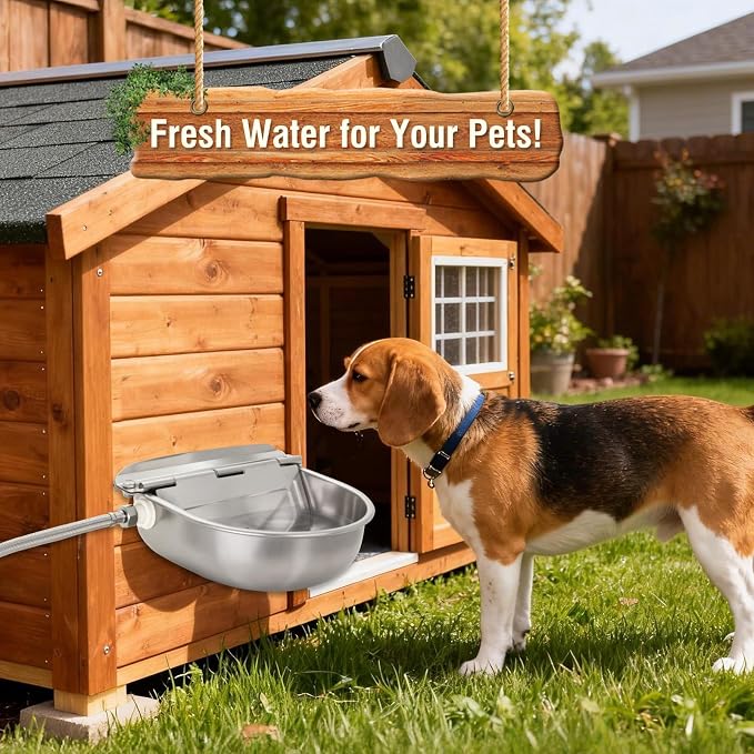 2 Pack 304 Stainless Steel Automatic Livestock Waterer with Float Valve & Drainage Hole – 39 inch Water Hose (one end 3/4“), Animal Drinking Bowl for Dogs, Chickens, Goats, Cows