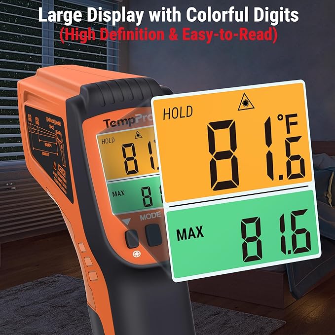 TempPro TP450 2 Laser Temperature Gun for Cooking, 16:1 D:S Ratio Infrared Thermometer Gun for Pizza Oven, Laser Thermometer Gun with Adjustable Emissivity Temp Gun -58 to 1022℉,Gift for Dad Husband