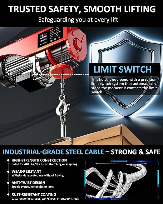 Electric Hoist,440 lbs Electric Winch with 14.1ft Remote Control,110V Electric Hoist with 40 ft/20 ft Lift Height, Lift Hoist for Warehouse,Garage,Factory,Attic
