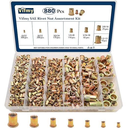 SAE Rivet Nut Assortment Kit(880 Pcs), #6-32#8-32#10-24 1/4"-20 5/16"-18 3/8"-16 1/2"-13 UNC Flat Head Rivnut Set, Zinc Plated Finish Carbon Steel Nutsert