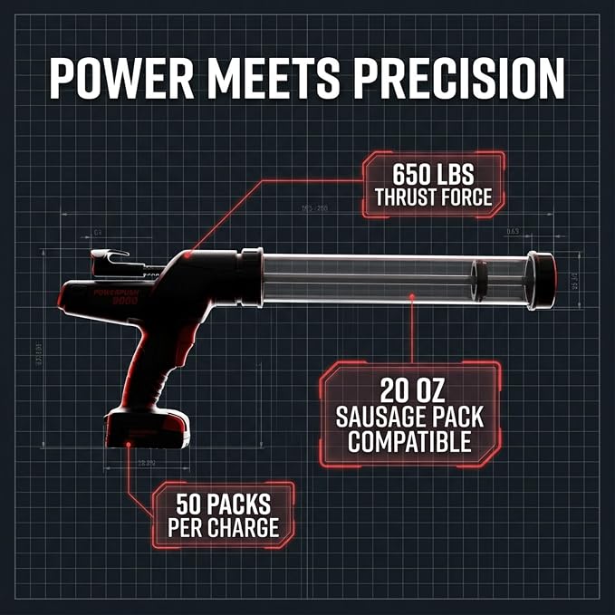 Heavy Duty Caulking Gun | 12V Cordless Drive | 20oz Sausage Foil Pack Cartridges 600ml | 450lbs Thrust | No Drip Professional Calking for Painters, DIYers, Automotive, Contractors