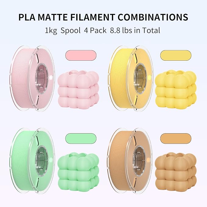 RAMBERY Matte PLA 3D Printer Filament Bundle 4KG, Neatly Wound PLA Filament 1.75mm, Dimensional Accuracy +/- 0.02mm, 1kg(2.2lb) X4PCS, Cherry Pink/Banana Yellow/Mint Green/Desert Yellow