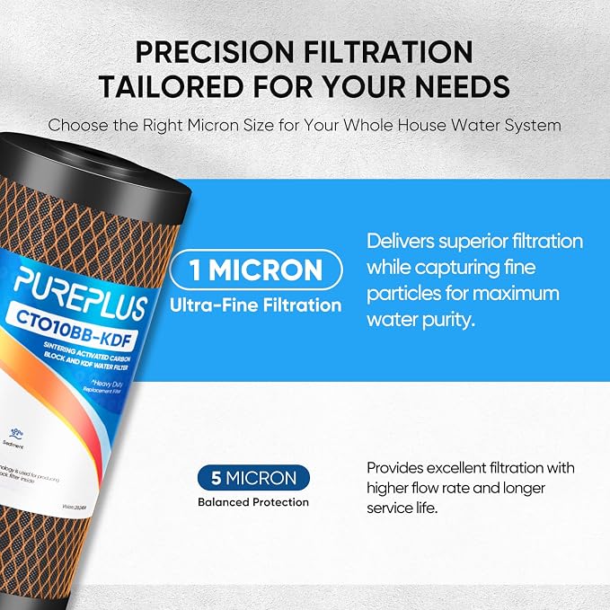 PUREPLUS 1 Micron 10" x 4.5" Whole House Coconut Shell Activated Carbon and KDF Water Filter, Heavy Metal Removal Replacement Water Filter, Compatible with GXWH40L, GXWH35F, BB10, CTO10BB-KDF, 3 PACK