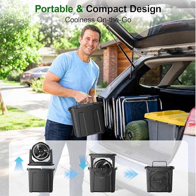 Ausic 1.35 Gal Portable Misting Fan, Outdoor Fans for Patios, [Max 30H] Rechargeable Battery Operated Fan, Bucket Mister Water Cooling Fan for Camping/Travel/Beach, 2 Large Spray Outlets
