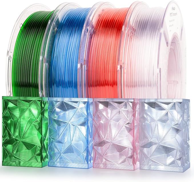 AMOLEN Rapid PETG Transparent 3D Printer Filament 1.75mm +/-0.02mm,500mm/s High Speed Strong Toughness Multicolor Bundle Sky Blue/Green/Transparent/Pink 250gx4