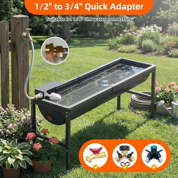 Automatic Animal Waterer 11 Gallon, Livestock Water Trough with Adjustable Stand, Automatic Water Dispenser with Float Valve, Easy to Assemble, Feeding Goat, Sheep, Horse, Dog in Farm