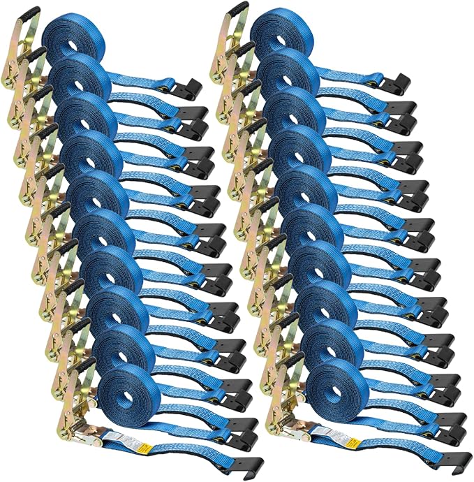 Mytee Products (20 Pack 2" x 30' Ratchet Tie-Down Straps with Flat Hooks - Blue, Tiedown Ratchet Straps for Flatbed, Truck, Trailers Pickup
