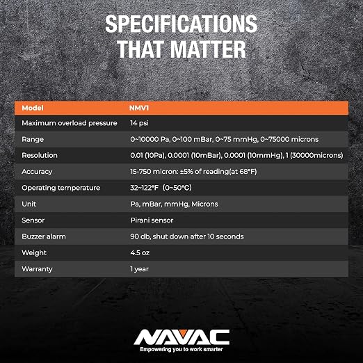 NAVAC NMV1 Micron Vacuum Gauge - HVAC Digital Vacuum Gauge with Level Alarm and Leakage Warnings - Large Backlit Display
