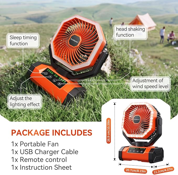 Doublepow 20000mAh Camping Fan with LED Light, Portable Table Fan with Remoter & Hook, Auto-Oscillating 4 Speeds & Timer Rechargeable Battery Operated, for Outdoor, Travel, Picnic, Power Outage