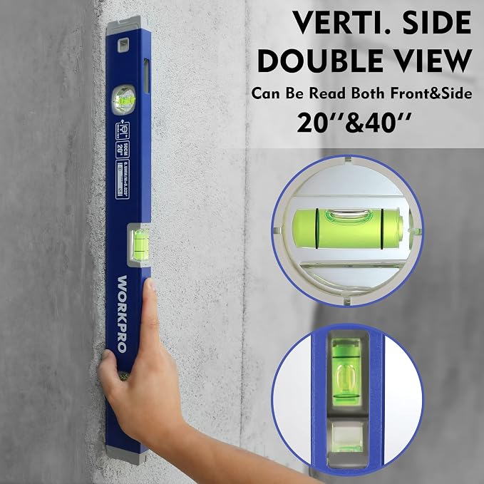 WORKPRO 3-Piece Spirit Level Set (12", 20", 40") with 12" Magnetic Torpedo Level, 45°/90°/180° Bubbles Measuring, Open Top View Design, Aluminum Alloy Levels with Carrying Bag