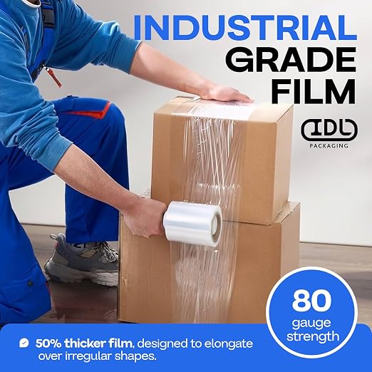 IDL Packaging 5" x 1000' Stretch Wrap Mini Roll of 80 Gauge (Pack of 12 Rolls) with Plastic Reusable Handle - Extra Sticky Clear Stretch Wrap Film - Tear-Resistant Plastic Wrap for Moving