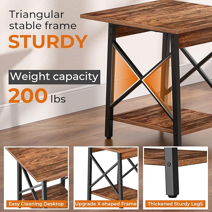 GreenForest Square End Table 24 Inch with X-Frame 2-Tier Storage | Nightstand for Living Room & Bedroom, Rustic Decor, Sturdy, Waterproof Scratchproof Top, Easy Assembly, Walnut