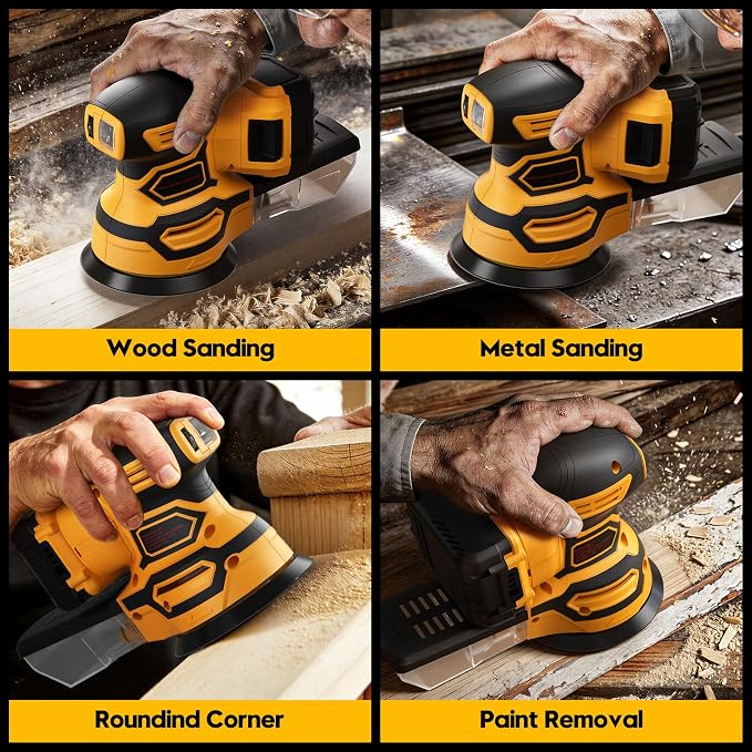 Cordless Random Orbital Sander for Dewalt 20V Battery, Brushless 5-Inch Sander with 6 Variable Speeds, 6000-12000 OPM, Dust Collection Box & 12 Sanding Discs (Battery Not Included) (Yellow)