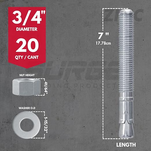 3/4" x 7" Zinc-Plated Wedge Anchors for Concrete and Cement | Heavy-Duty 3/4 Concrete Anchors (Box of 20)