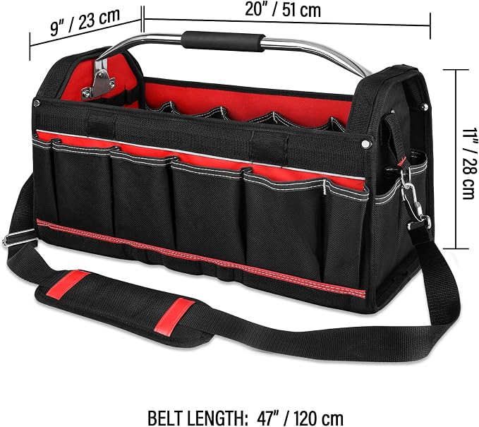 HAUTMEC 20" Heavy-Duty Tool Tote Bag with Waterproof Clear Cover, Open Top Large Tool Bag with Rotating Handle, Rigid Frame, Wear-Resistant Hard Base & Padded Shoulder Strap – HT0296