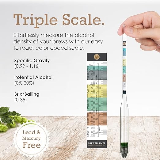 Brewer's Elite Hydrometer for Home Brew Beer, Wine, Mead and Kombucha - Deluxe Triple Scale Set with Hardcase and Cloth - Specific Gravity ABV Tester
