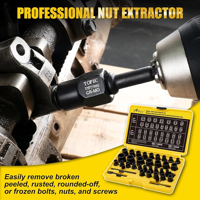 Topec Bolt Extractor Kit, 35-Piece Broken Bolt Extractor Set, Impact Bolt & Nut Remover Socket Set, Removal Tool for Removing Damaged, Frozen, Rusted, Rounded-Off Bolts, Nuts & Screws