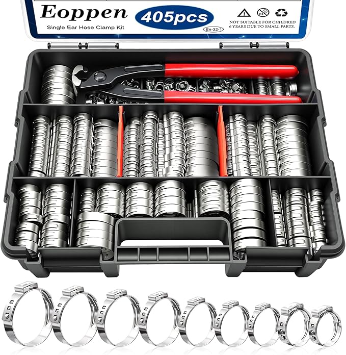 405Pcs 15 Sizes Single Ear Hose Clamp, 5.3-36.1mm 304 Stainless Steel Ear Hose Clamp Kit with Ear Clamp Pincer for Automotive, Plumbing, Fuel Line
