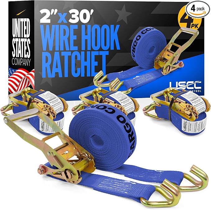 US Cargo Control Wire Hook Ratchet Straps 2 Inch x 30 Foot (4-Pack), 10,000 LBS Break Strength, Ratchet Straps Heavy Duty with Double J Hooks, Blue Cargo Tie Downs for Flatbed Trailers and Trucks
