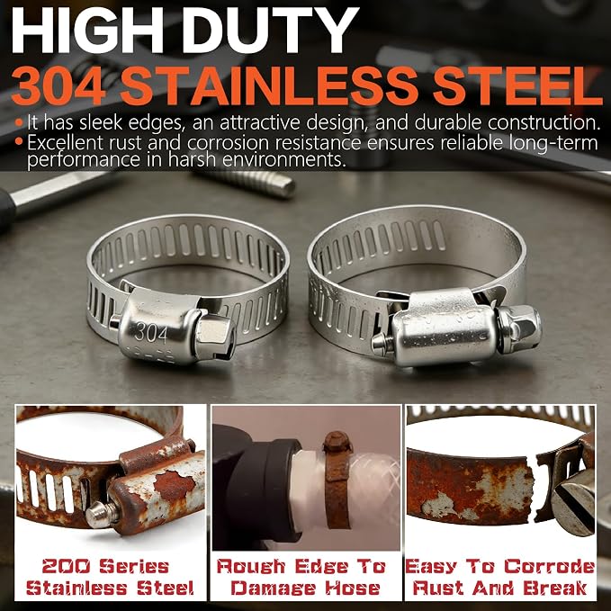 185-Piece 304 Stainless Steel Worm Gear Clamps Assortment Kit 1/4"-2" (6-51mm), with 10FT Cut-to-Fit Strap, 8 Fasteners, Socket Wrench & Organizer Box for Automotive, Plumbing, Marine, Fuel Line, HVAC