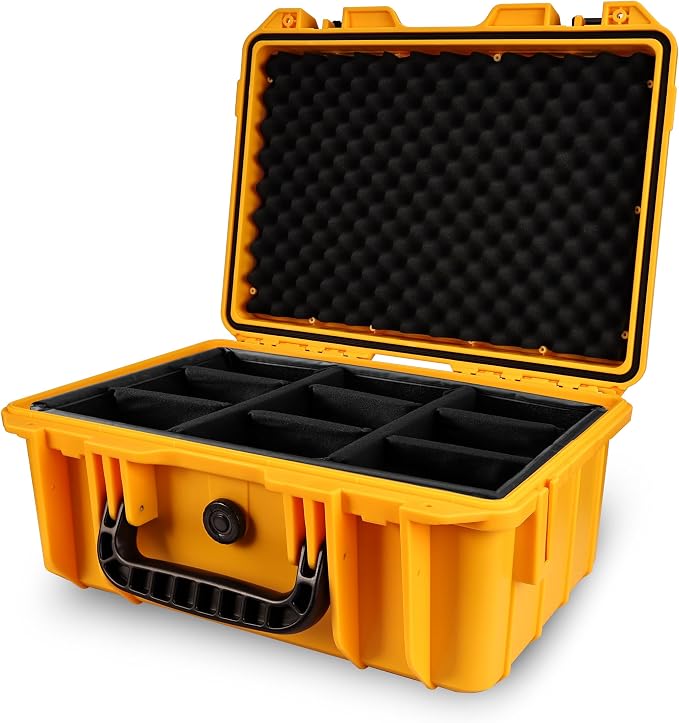 Camera Lens Storage Case 15 Inches,Heavy Duty Waterproof Camera Protective Hard Case, Camera Collection Holder Box, 9pcs Adjustable Shockproof Dividers (Yellow)