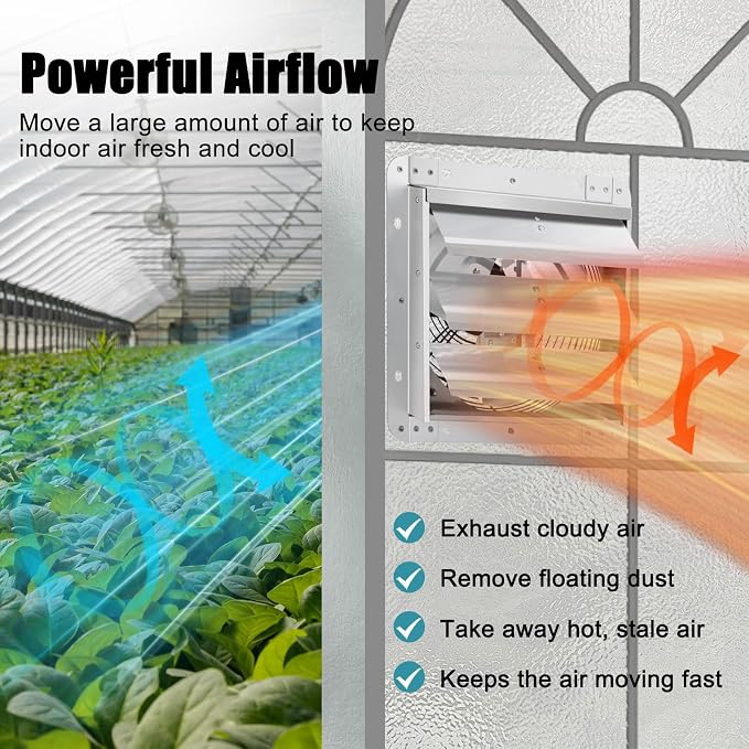 Criditpid 7 Inch Shutter Exhaust Fan, 760 CFM High Speed Wall Mounted Fan, Attic Vent Fan with Speed Controller and Thermostat for Greenhouse, Garage, Warehouse, Basement, Chicken Coop Ventilation