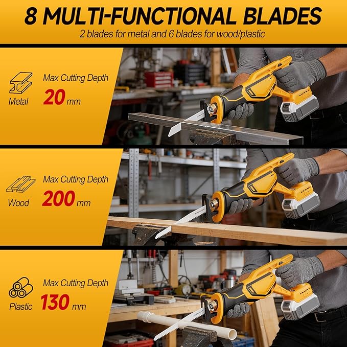 Cordless Reciprocating Saw Compatible with Dewalt 20V Max Battery, Brushless Sawzall Electric Recip Saw with 8 Blades, 0-3500 RPM Speed, for Wood/Metal/PVC Cutting, No Battery