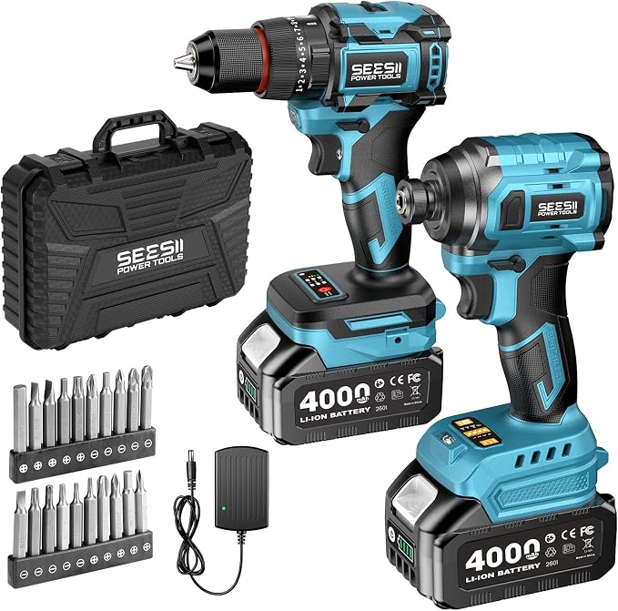 SEESII 21V Max Cordless Drill and Impact Driver, Power Tool Combo Kit Included 3/8'' Drill & 1/4'' Impact Driver, 2x 4000mAh Battery, Fast Charger, 20 pcs Driver Bit Set & Bag
