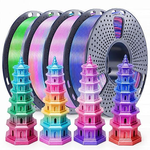 250g Rainbow Silk PLA Filament 1.75mm, SUNLU 3D Printer Silk PLA Filament Bundle,Shiny Silk Multicolor Filament Bundle, Fast Color Change Multicolor PLA, 4 Rolls, Rainbow02+03+04+06