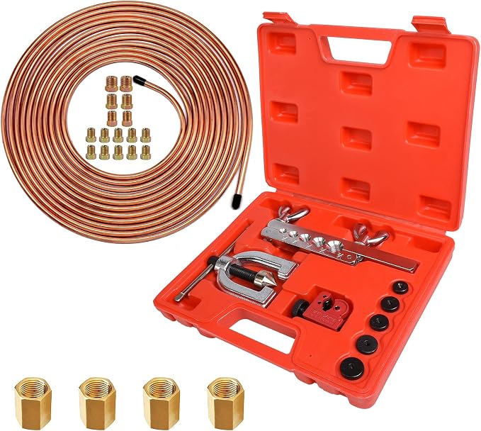 MuHize Brake Line Flaring Tool Kit – 3/16 Inch 25 ft Copper Brake | Double Flaring Tool with 16 Fittings and 4 Unions for Brake Lines, Corrosion Resistant