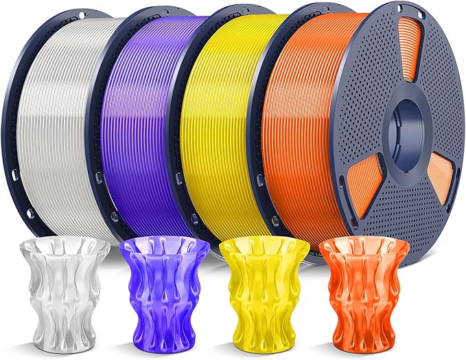 SUNLU 4kg PLA 3D Printer Filament Bundle, Neatly Wound PLA Filament 1.75mm ±0.02mm, Individually Vacuum Packed, 4kg in Total, 1kg per Spool, 4 Pack, Transparent+Transparent (Orange, Yellow, Purple)