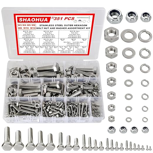 M3/M4/M5/M6/M8/M10/M12 Metric Bolt Assortment Kit, 304 Stainless Steel Heavy Duty Flat Hex Head Screws Bolts and Nuts Kit, Nuts Flat Gasket and Lock Washers Assortment Ki, Silver, 351Pcs