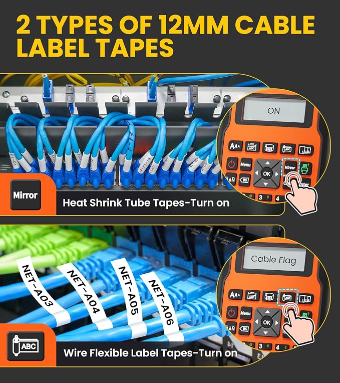 E1000 Heat Shrink Label Maker, 4PK 12mm 0.47 Heat Shrink Tube Tapes & 2PK Flexible Wire Label Tapes, Wire Label Maker Waterproof-Labels, Handheld Labeler for Industrial Electrical Use