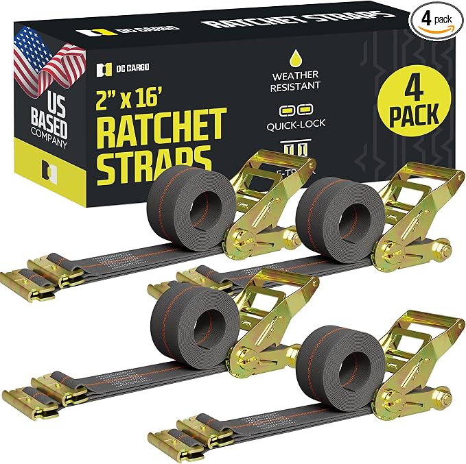 DC Cargo Mall E Track Ratchet Straps, Heavy Duty Cargo Tie-Down E Track Straps 2" x 16', (4 Pack, Grey) E Track Spring Fittings Tie Down Motorcycle, Vans, Trucks, Trailers