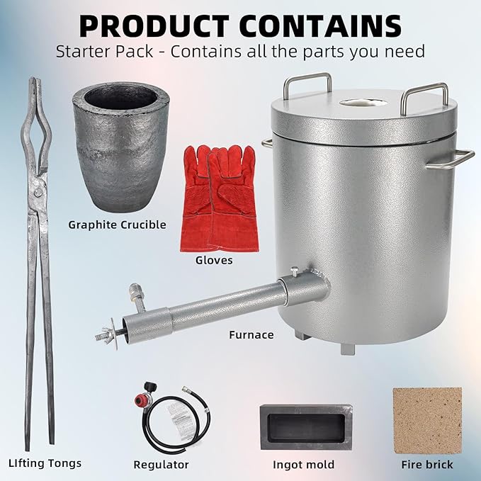 Metal Melting Furnace, 12 Kg Propane Melting Furnace with Crucibles & Tongs Kiln, Casting Refining Smelting for Precious Metals Gold Silver Tin Aluminum Melting Casting Tool