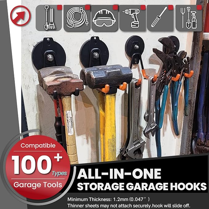 ULIBERMAGNET Heavy Duty Magnetic Garage Hooks,12 Pack Strong Large Magnet Hooks for Power Drill,Garden Tools,Hose,Pegboard,Garage, Workshop,Magnetic Storage Hooks for Indoor Outdoor Hanging(Orange)